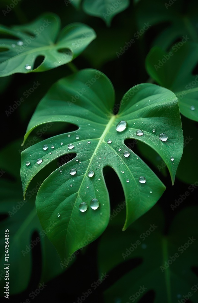 Fototapeta premium A close-up view of vibrant green leaves adorned with delicate dew drops.