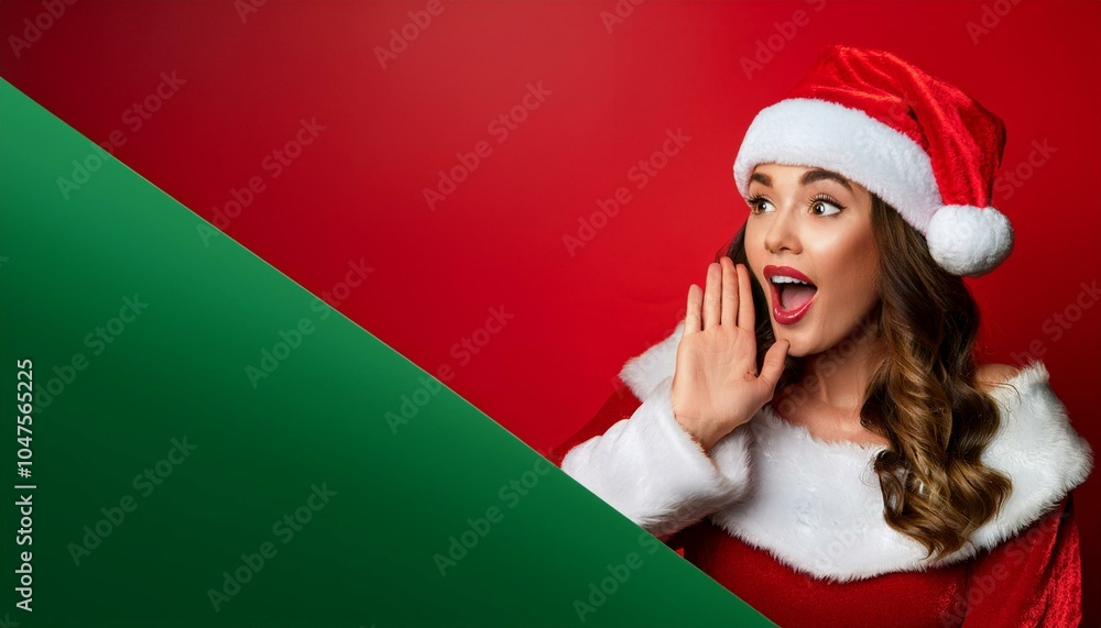 Surprise discount: Santa Claus on the corner with open mouth on background. Banner discount. Surprise discount: Santa Claus on the corner with open mouth on background. Banner discount.