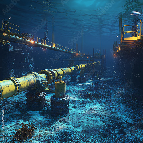 Underwater Pipelines for Oil and Gas Transport Across the Ocean Floor with Complex Metallic Structures and Industrial Engineering in Deep Sea Environment photo