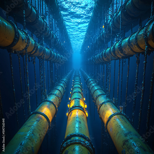 Underwater Pipelines for Oil and Gas Transport Across the Ocean Floor with Complex Metallic Structures and Industrial Engineering in Deep Sea Environment photo