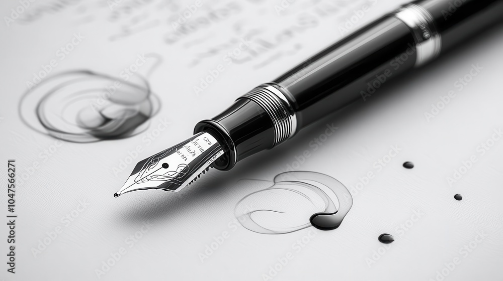 Fototapeta premium classic fountain pen positioned elegantly on a handwritten document, ink swirling subtly on the paper, conveying a sense of sophistication and the art of writing