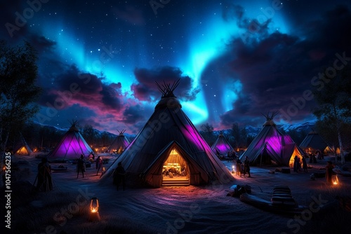 Hyper-realistic scene of the Northern Lights during the SÃ¡pmi Indigenous People Festival in Norway, with vibrant colors lighting up the sky and people gathered in traditional SÃ¡mi dress, showcasing photo