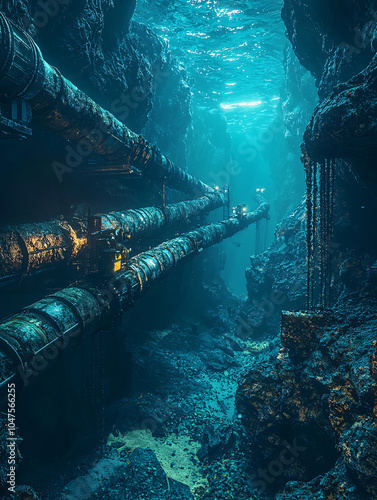 Underwater Pipelines for Oil and Gas Transport Across the Ocean Floor with Complex Metallic Structures and Industrial Engineering in Deep Sea Environment photo