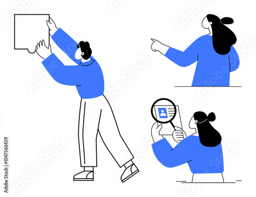 Three characters engage in various activities including pointing, inspecting with a magnifying glass, and reaching up. Ideal for teamwork, presentation, analysis, inspection, and collaboration