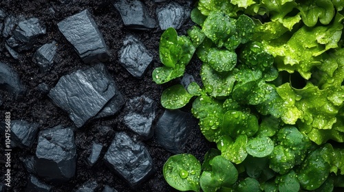 close-up of rich, dark organic biochar soil, showcasing its fascinating texture, fertility, and healthiness, with vibrant green plants emerging, symbolizing sustainability and the earth's vitality photo