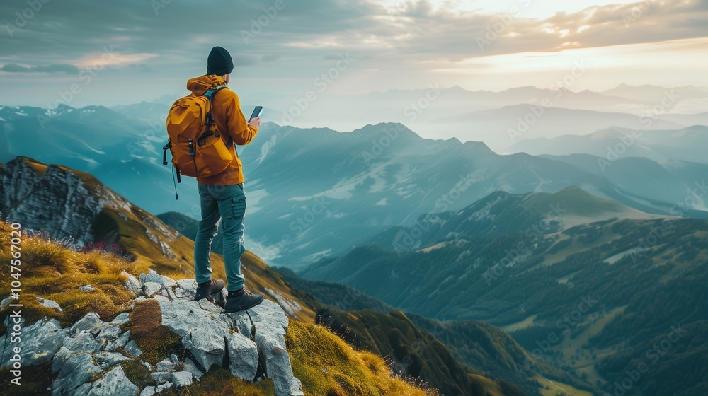 A hiker stands on a rocky ledge, checking a mobile device while overlooking vast mountain ranges A hiker stands on a rocky ledge, checking a mobile device while overlooking vast mountain ranges
