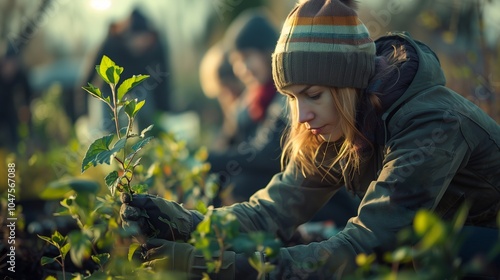 Individuals contribute to a community garden by planting young seedlings on a sunny fall day