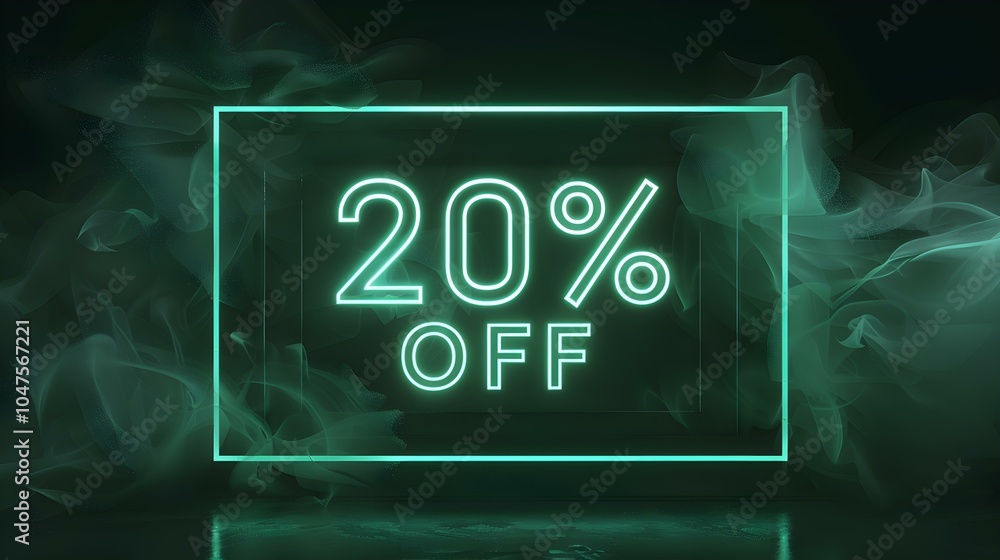 Glowing Green '20% OFF' Neon Sign in a Luxurious Setting Glowing Green '20% OFF' Neon Sign in a Luxurious Setting