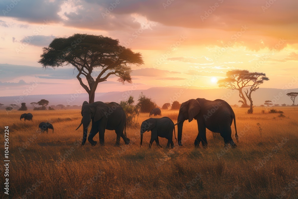 Fototapeta premium Elephants traverse the golden savanna under a vibrant sunset, highlighting their majestic presence in the African wilderness. Generative AI