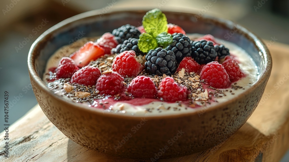 Colorful bowl of yogurt topped with fresh berries and mint leaves Colorful bowl of yogurt topped with fresh berries and mint leaves