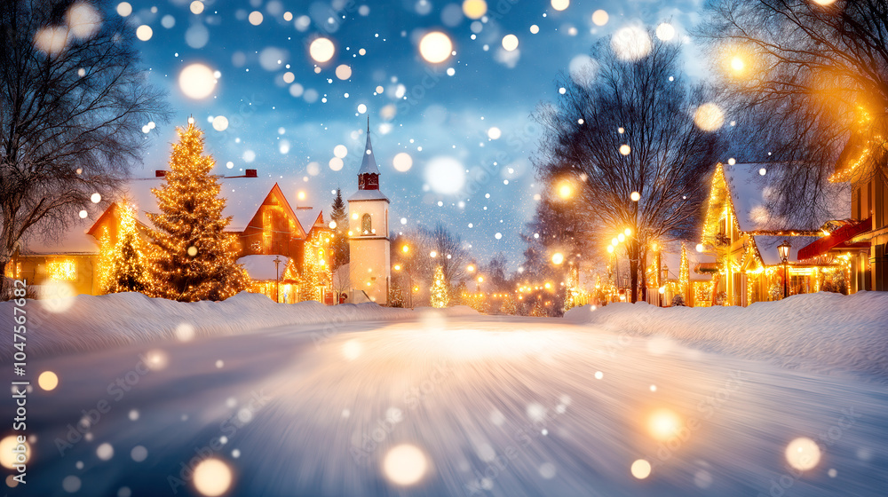 Snowy Winter Road in Village, Christmas Celebration Town in Snow, Snowfall New Year Bokeh City Snowy Winter Road in Village, Christmas Celebration Town in Snow, Snowfall New Year Bokeh City