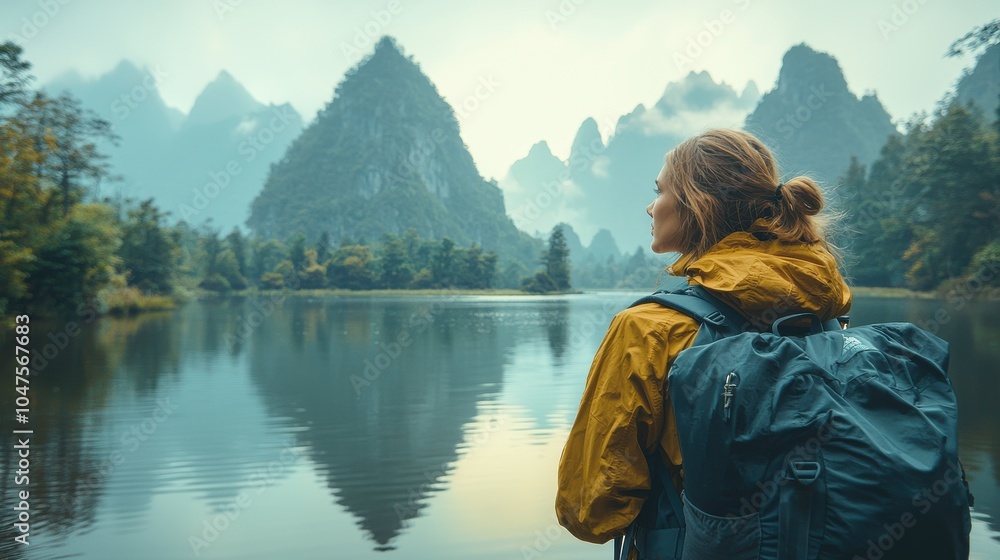 A woman gazes at serene mountains reflecting in a calm lake during a tranquil morning hike in a picturesque wilderness area A woman gazes at serene mountains reflecting in a calm lake during a tranquil morning hike in a picturesque wilderness area