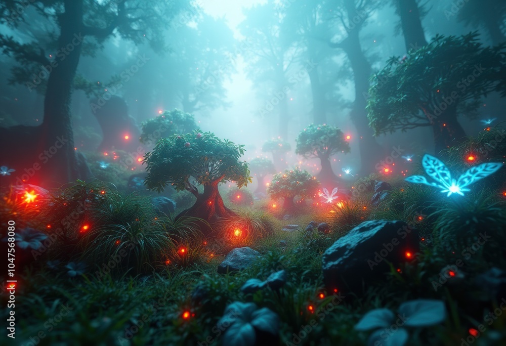 Mystical forest with glowing flora and fauna Mystical forest with glowing flora and fauna