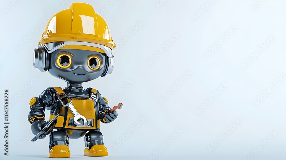 3D robot character equipped with a toolbelt, poised for action, showcasing intricate mechanical design and vibrant colors in a futuristic setting. 3D robot character equipped with a toolbelt, poised for action, showcasing intricate mechanical design and vibrant colors in a futuristic setting.