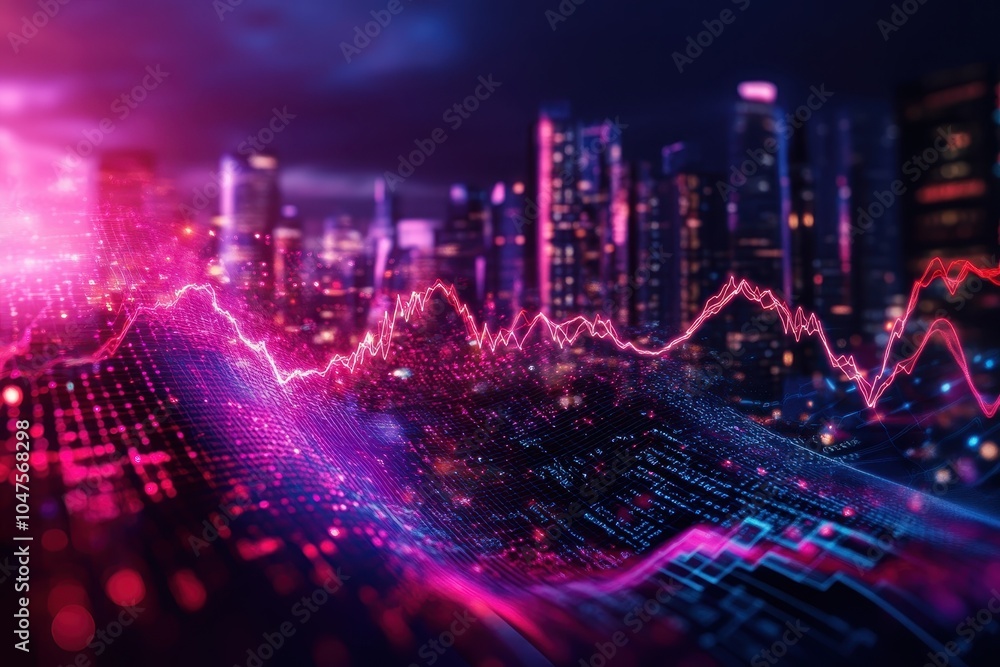 A vibrant cityscape at night, illuminated by neon lights, showcasing dynamic data graphs and technology-inspired motifs. A vibrant cityscape at night, illuminated by neon lights, showcasing dynamic data graphs and technology-inspired motifs.