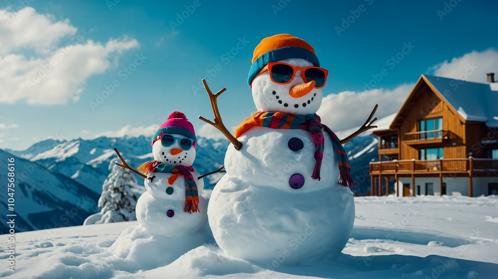 Obraz premium AI-generated images of a snowman vacationing with his family on the ski slopes