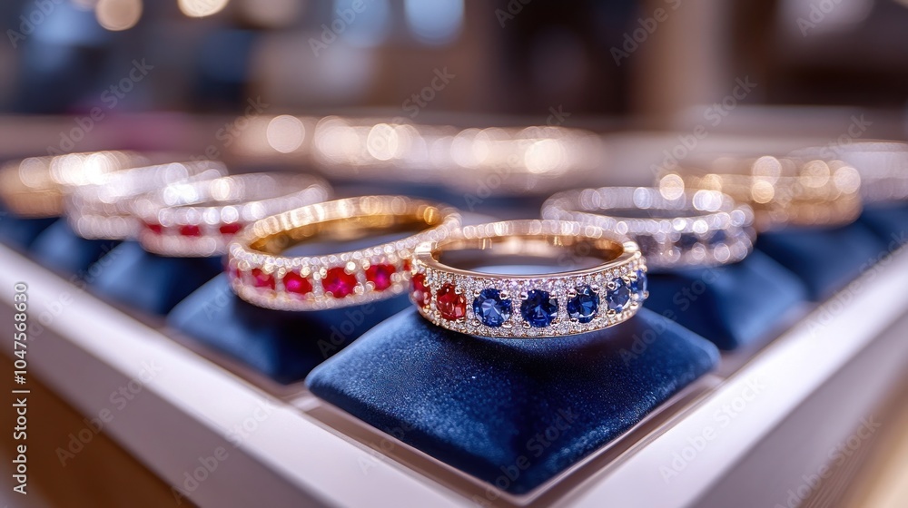 A display of gold bracelets with ruby and sapphire gemstones on blue velvet cushions in a jewelry store. A display of gold bracelets with ruby and sapphire gemstones on blue velvet cushions in a jewelry store.