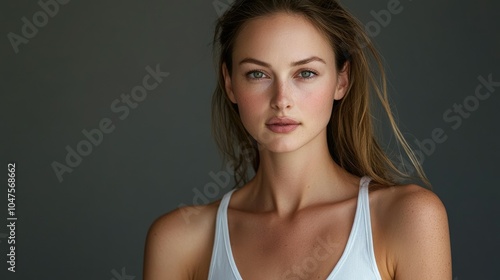 Beautiful woman in white t-shirt Women's breasts dark light background