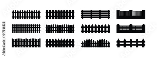 Fence template element Icon Set Isolated. Silhouette Black Barrier for Protection Garden, House and Farm. Different Types Fences