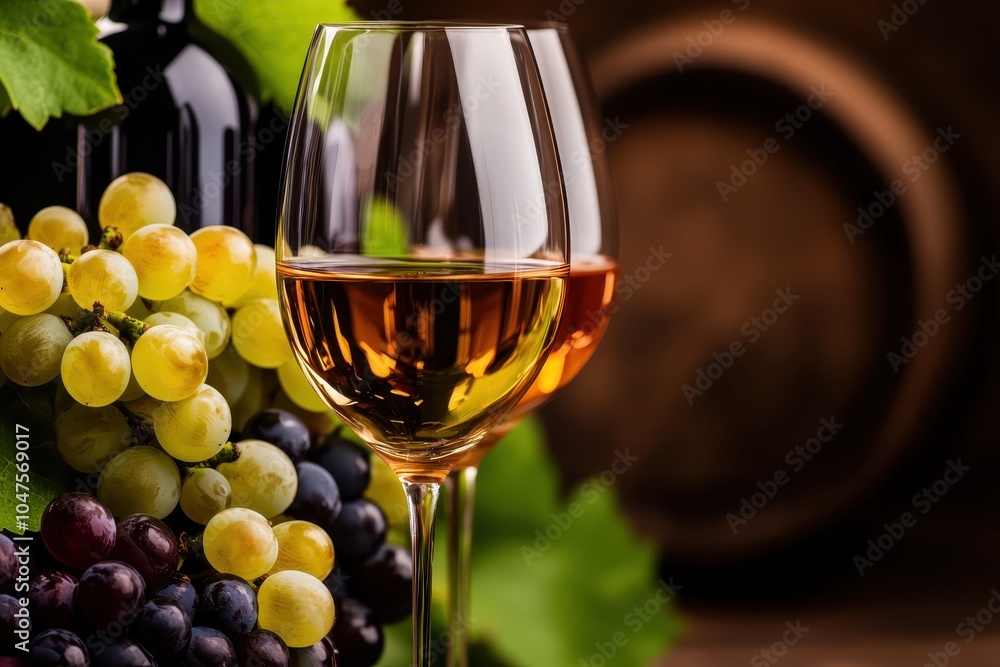 Fototapeta premium A glass of white wine sits among fresh grapes, with a dark bottle and wooden barrel in the background, creating an inviting atmosphere for wine enthusiasts.