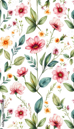Wallpaper Mural Watercolor herbal organic nature floral illustration seamless pattern isolated with white highlights, png Torontodigital.ca