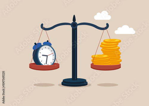 Time value. Comparison between time and money, business concept. Modern vector illustration in flat style