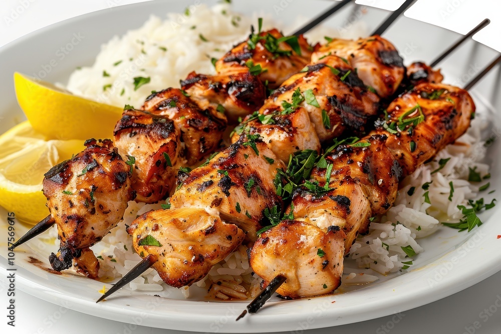A plate of grilled souvlaki skewers, featuring tender pieces of marinated chicken, served with lemon wedges and a side of rice A plate of grilled souvlaki skewers, featuring tender pieces of marinated chicken, served with lemon wedges and a side of rice