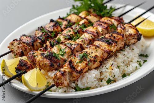 A plate of grilled souvlaki skewers, featuring tender pieces of marinated chicken, served with lemon wedges and a side of rice