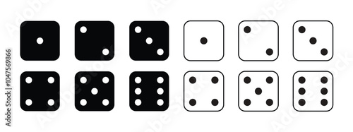 Game dice Icon with side of cube from one to six number. Set of black icon sided for gamble. Dot on cube of casino