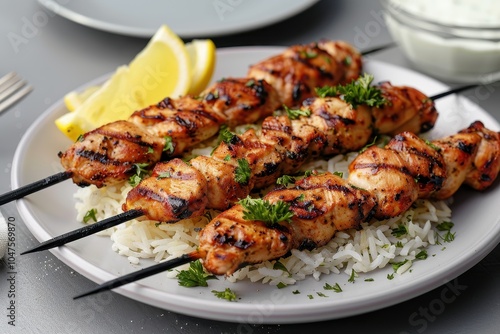 A plate of grilled souvlaki skewers, featuring tender pieces of marinated chicken, served with lemon wedges and a side of rice