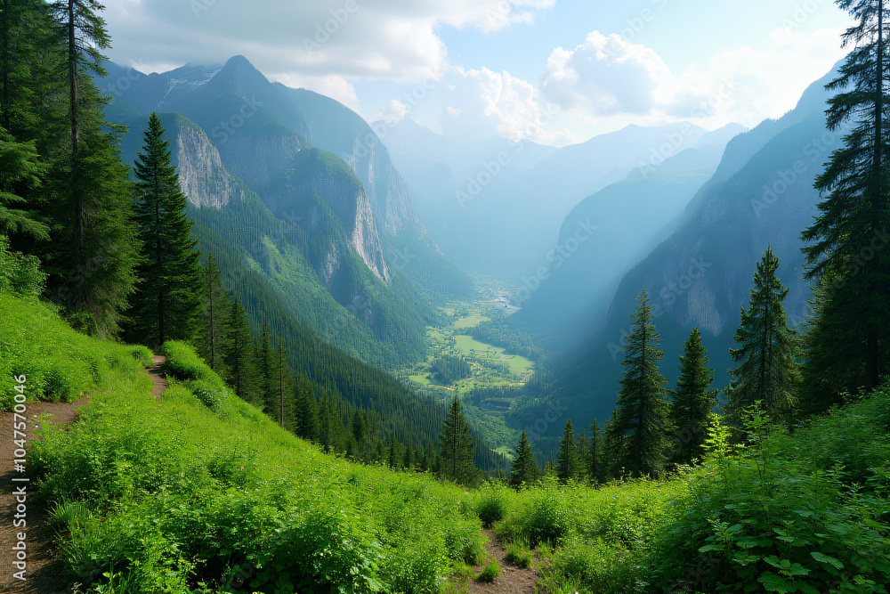 Fototapeta premium nature abounds lush green mountain vegetation surrounded serene wilderness areas