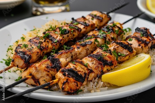A plate of grilled souvlaki skewers, featuring tender pieces of marinated chicken, served with lemon wedges and a side of rice