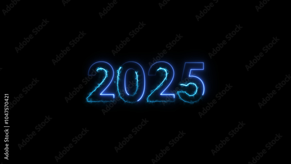 2025 neon glowing cyan and royal blue color 4k illustration. abstract glowing neon text icon 2025 on black background. 2025 neon glowing cyan and royal blue color 4k illustration. abstract glowing neon text icon 2025 on black background.
