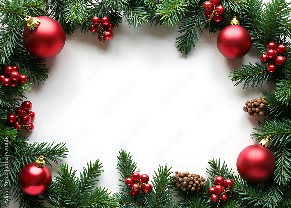 Holiday decor includes a frame around Christmas tree branches and ornaments. Holiday decor includes a frame around Christmas tree branches and ornaments.