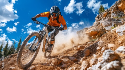 Mountain biking on rocky terrain with dust and blue sky