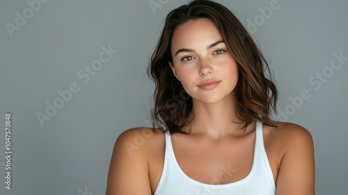 Beautiful woman in white t-shirt Women's breasts dark light background