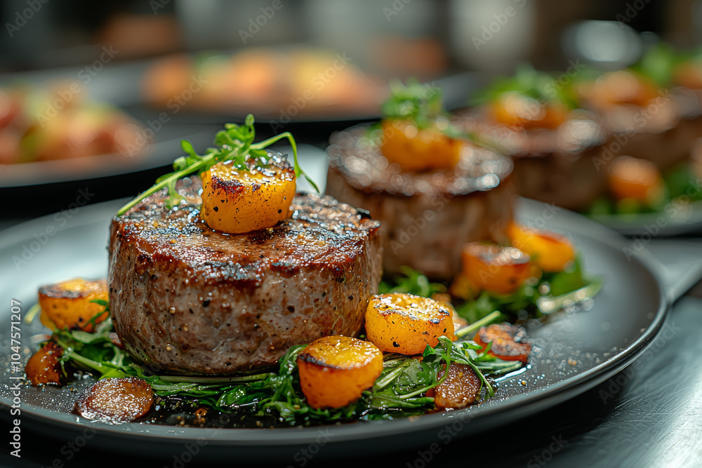 A restaurant serving lab-grown meat dishes, showcasing how food technology is entering the culinary world. Concept of food technology in restaurants. A restaurant serving lab-grown meat dishes, showcasing how food technology is entering the culinary world. Concept of food technology in restaurants.