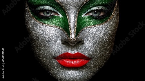 Artistic Silver and Green Face Makeup Design