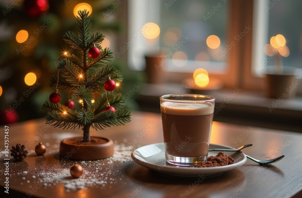 Enamel cup of hot cocoa with mini marshmallows and cinnamon bark. Pine boughs and gray scarf against a rustic background with beautiful Christmas lights of bokeh with falling Snow. Enamel cup of hot cocoa with mini marshmallows and cinnamon bark. Pine boughs and gray scarf against a rustic background with beautiful Christmas lights of bokeh with falling Snow.
