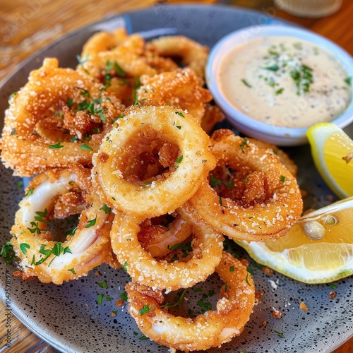 A plate of kalamari, crispy fried squid rings served with a wedge of lemon and a side of garlic mayo photo