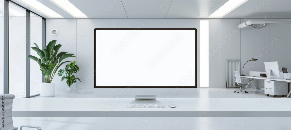 White monitor display in a futuristic office space, ideal for your design and creative use White monitor display in a futuristic office space, ideal for your design and creative use