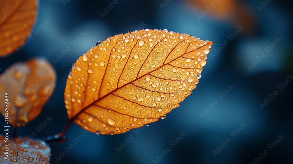 Macro Orange Autumn Leaf with Water Droplets Against Dark Blue Background Macro Orange Autumn Leaf with Water Droplets Against Dark Blue Background