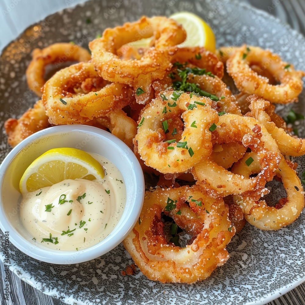 A plate of kalamari, crispy fried squid rings served with a wedge of lemon and a side of garlic mayo A plate of kalamari, crispy fried squid rings served with a wedge of lemon and a side of garlic mayo
