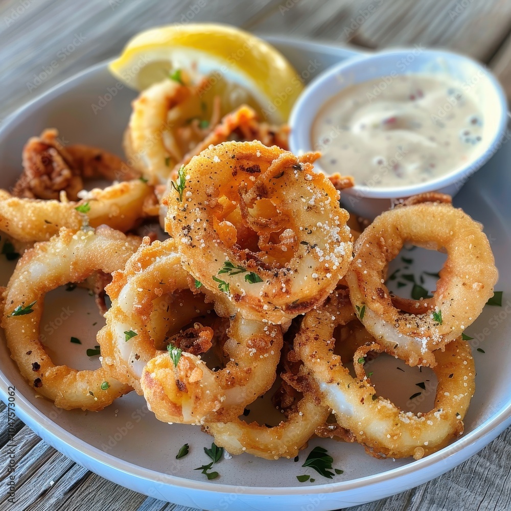 A plate of kalamari, crispy fried squid rings served with a wedge of lemon and a side of garlic mayo A plate of kalamari, crispy fried squid rings served with a wedge of lemon and a side of garlic mayo