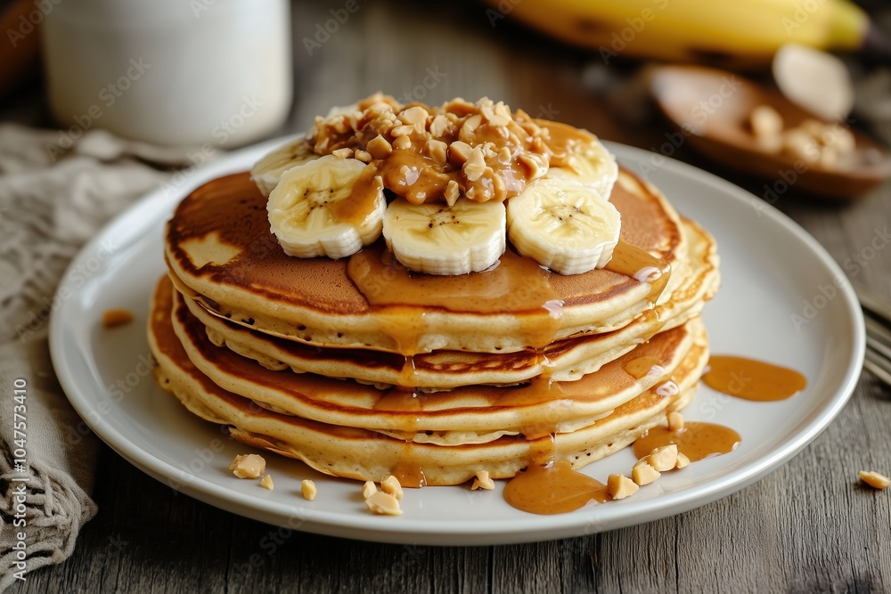 A stack of pancakes with bananas and chocolate chips on top A stack of pancakes with bananas and chocolate chips on top