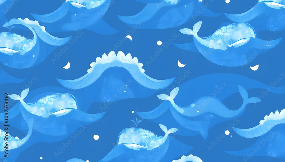 Seamless pattern with waves and whale. Childish texture for fabric, textile in blue colors. Hand drawn background. Watercolor seamless pattern isolated with white highlights, png Seamless pattern with waves and whale. Childish texture for fabric, textile in blue colors. Hand drawn background. Watercolor seamless pattern isolated with white highlights, png