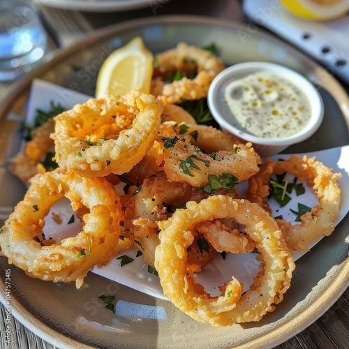 A plate of kalamari, crispy fried squid rings served with a wedge of lemon and a side of garlic mayo photo