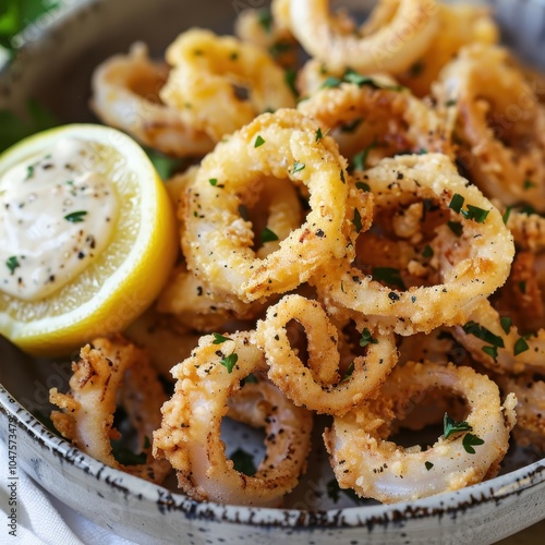 A plate of kalamari, crispy fried squid rings served with a wedge of lemon and a side of garlic mayo photo