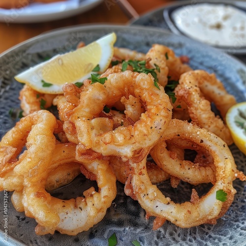 A plate of kalamari, crispy fried squid rings served with a wedge of lemon and a side of garlic mayo photo