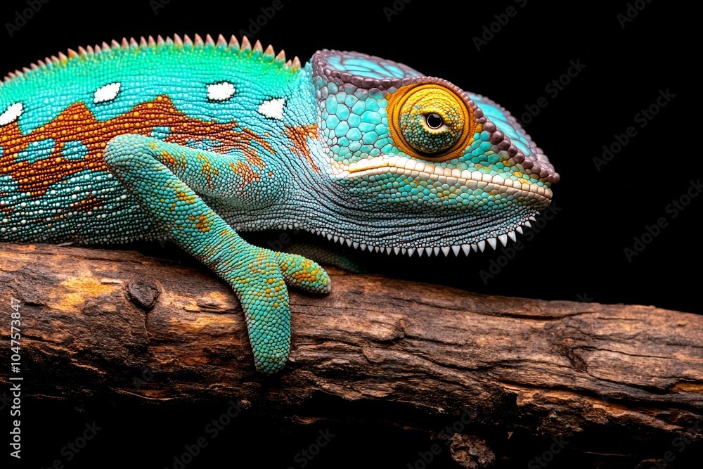 Obraz premium Colorful chameleon perched on a branch showcasing vibrant turquoise and green scales against a dark background